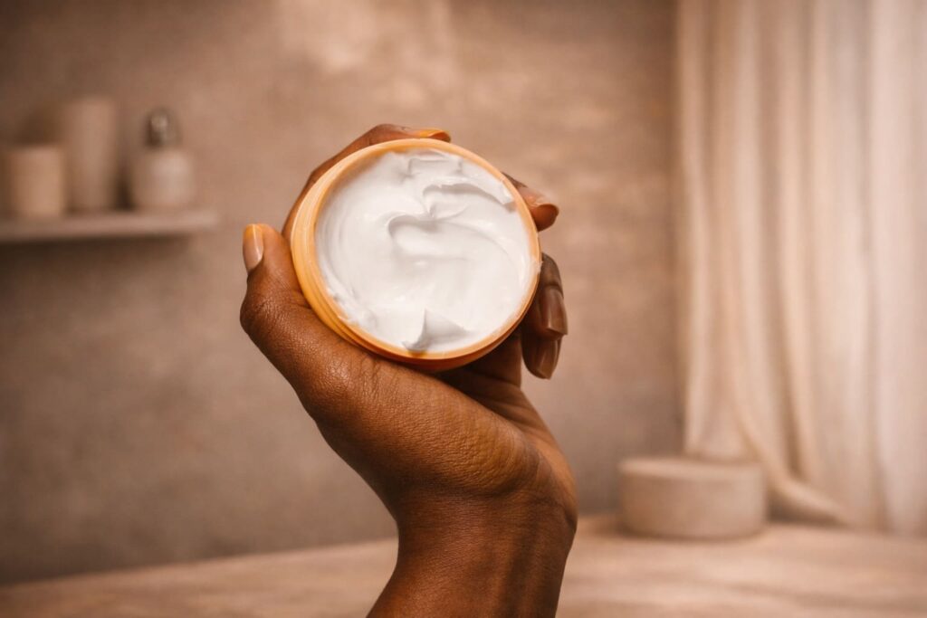 Wide editorial image of a hand holding an open cream jar with rich texture, styled in the warm, refined quiet luxury aesthetic of NOUA Studio.