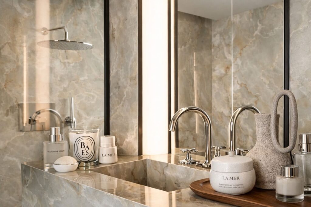 Wide editorial bathroom image with stone surfaces, sculptural vessel, chrome fixtures, and a curated selection of beauty products in the quiet luxury visual language of NOUA.