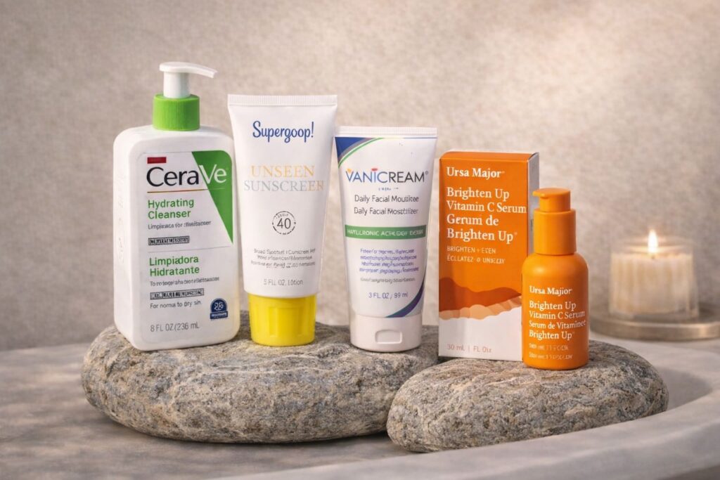 Editorial skincare composition featuring CeraVe Hydrating Cleanser, Supergoop Unseen Sunscreen SPF 40, Vanicream Daily Facial Moisturizer and Ursa Major Brighten Up Vitamin C Serum displayed on natural stones in a minimalist neutral background, Noua Studio aesthetic.