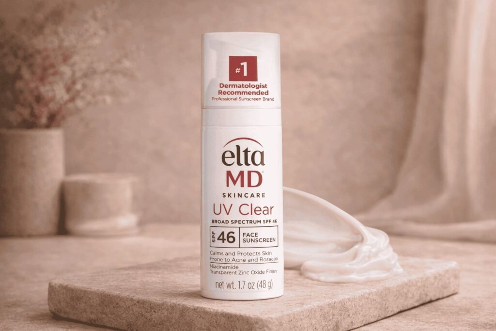 Wide editorial image of EltaMD UV Clear SPF 46 sunscreen styled in the warm, minimal quiet luxury visual language of NOUA Studio.