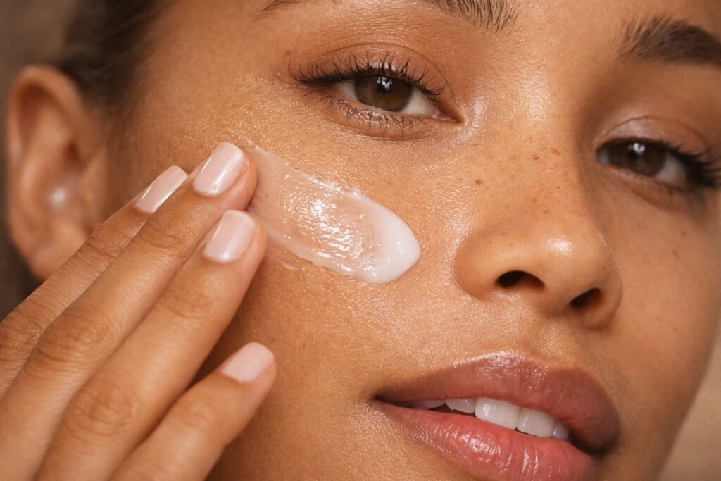 Wide editorial skincare image of cream being dispensed into the hand, set against a soft, warm background in the quiet luxury visual language of NOUA Studio.