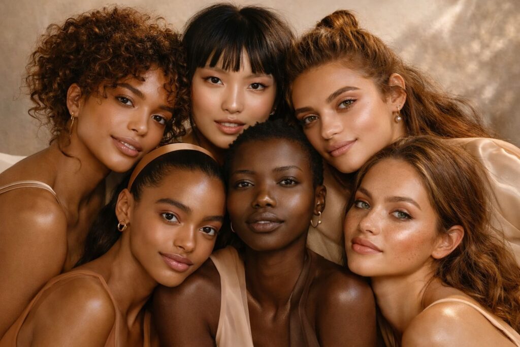 Wide editorial portrait of diverse women with radiant healthy-looking skin, styled in the warm and refined visual identity of NOUA Studio.