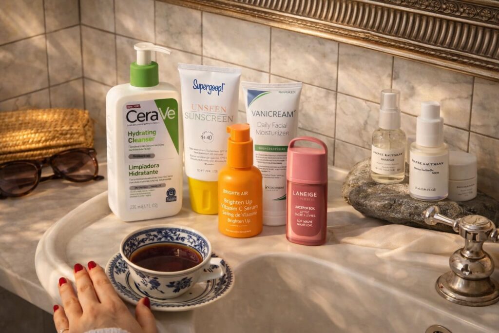 Editorial still life of an intentional morning routine featuring curated skincare and beauty products in the warm, refined visual language of NOUA Studio.