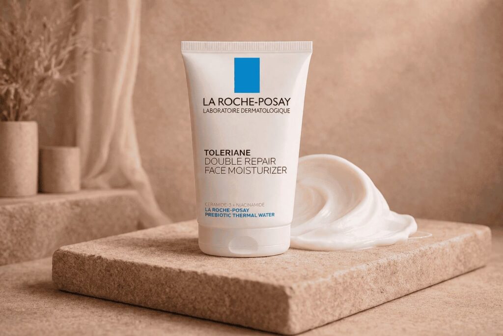 Wide editorial image of La Roche-Posay Toleriane Double Repair Face Moisturizer styled in the calm, refined visual identity of NOUA Studio.