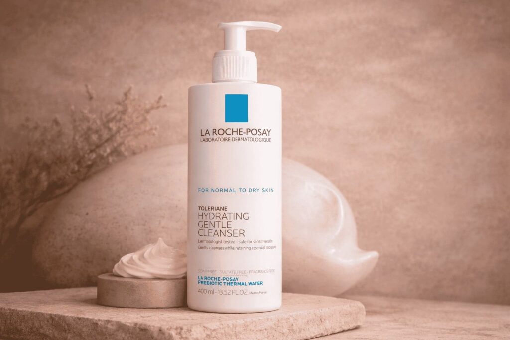 Wide editorial image of La Roche-Posay Toleriane Hydrating Gentle Cleanser styled in the warm, refined quiet luxury visual language of NOUA Studio.