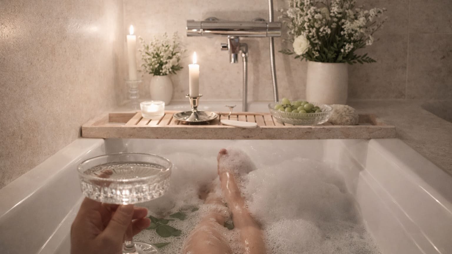 Editorial bath ritual scene with soft candlelight, stone-toned bathroom styling, white flowers, grapes, and a quiet luxury self-care atmosphere.