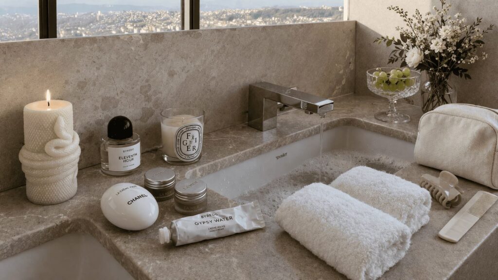 Quiet luxury bathroom scene with stone surfaces, folded white towels, curated beauty objects, and a calm editorial self-care atmosphere.