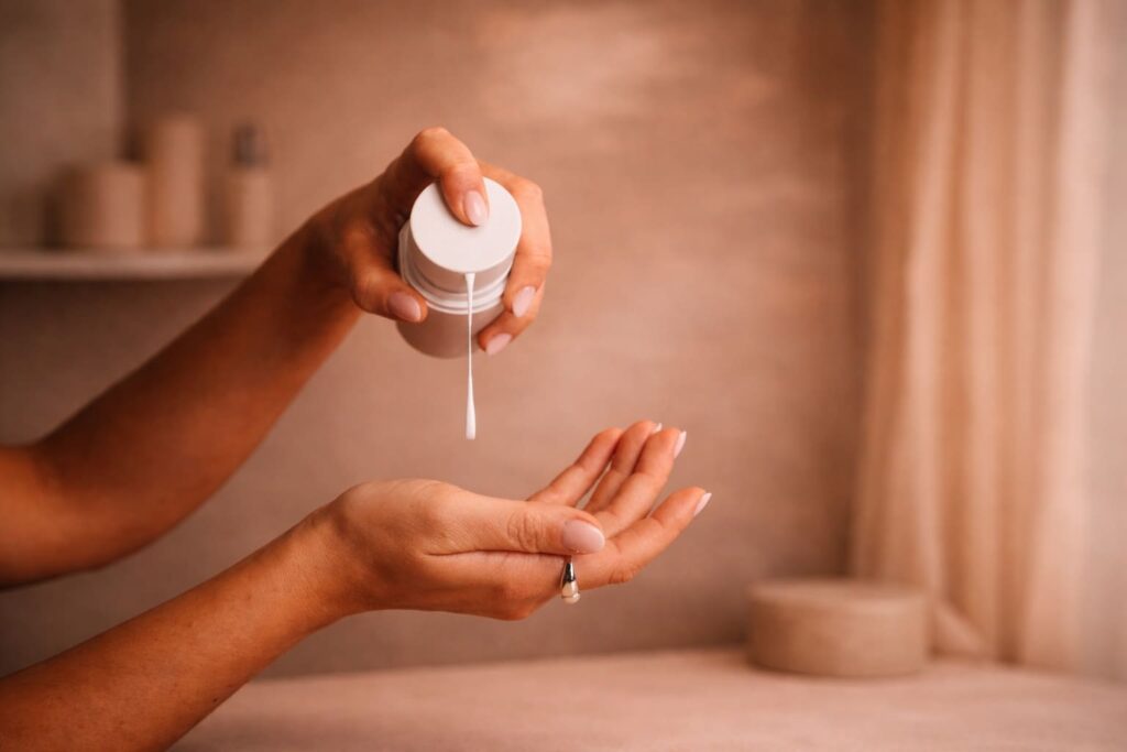 Close-up editorial beauty image of cream being applied to luminous skin, illustrating the skin barrier concept in the quiet luxury visual language of NOUA Studio.