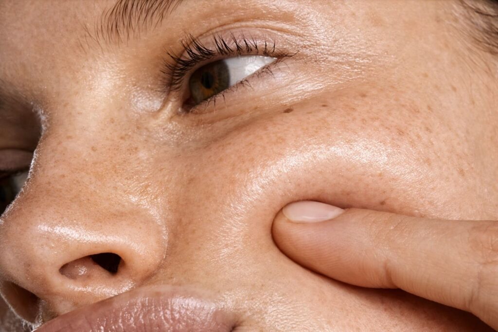 Extreme close-up editorial beauty image of dewy freckled skin, a softly pinched cheek, and a luminous quiet luxury skincare aesthetic.