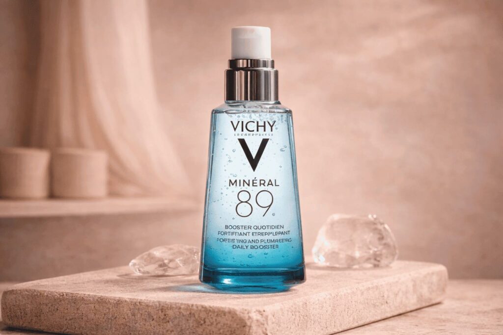 Wide editorial image of Vichy Minéral 89 serum styled with soft stone textures and the refined quiet luxury aesthetic of NOUA Studio.